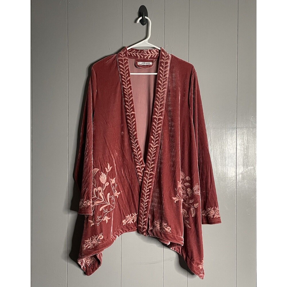 Floriana Velvet Kimono Cardigan Jacket Large Embroidered Open Front Boho Pink